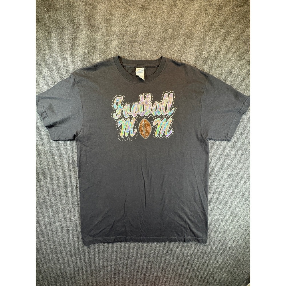 Delta Magnum Weight Football Mom Graphic T-Shirt Black Glitter Rhinestone Large